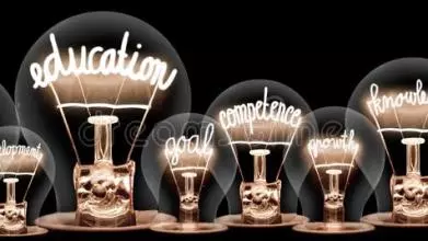 large group light bulbs shining fibers shape education knowledge goal skill concept related words isolated 160181388